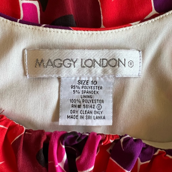 MAGGY LONDON Colorful Knee Length Dress Size 10 Red Pink Stretch Sleeveless - Picture 4 of 7
